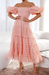 Off Shoulder Short Puff Sleeve Midi Dress OutfitFlow